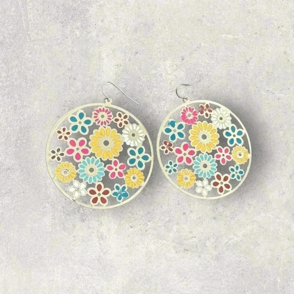 2” EARRINGS ROUND GOLD TIN W/ Multicolored FLORAL PRINT DROP